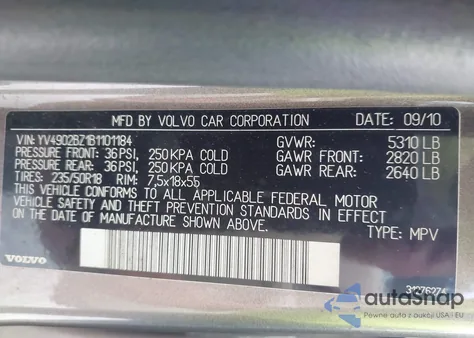 2011 Volvo Xc70 T6 z USA, uszkodzony, nr VIN YV4902BZ1B1101184